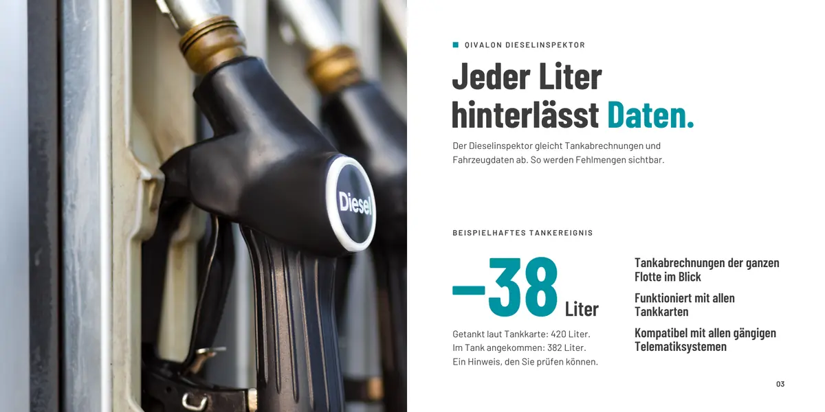 Aufgeschlagene Messebroschüre von Qivalon: links eine Zapfpistole, rechts die Seite „Jeder Liter hinterlässt Daten.“