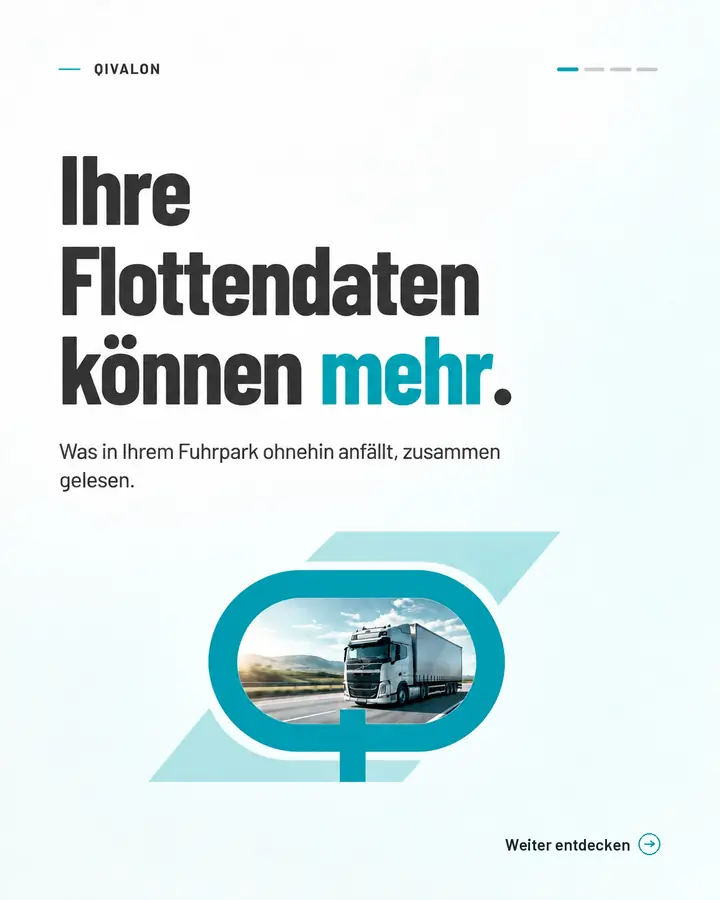 Erste Seite des Auftakt-Carousels für Qivalon: „Ihre Flottendaten können mehr.“ mit einem Lkw im Q-Zeichen.