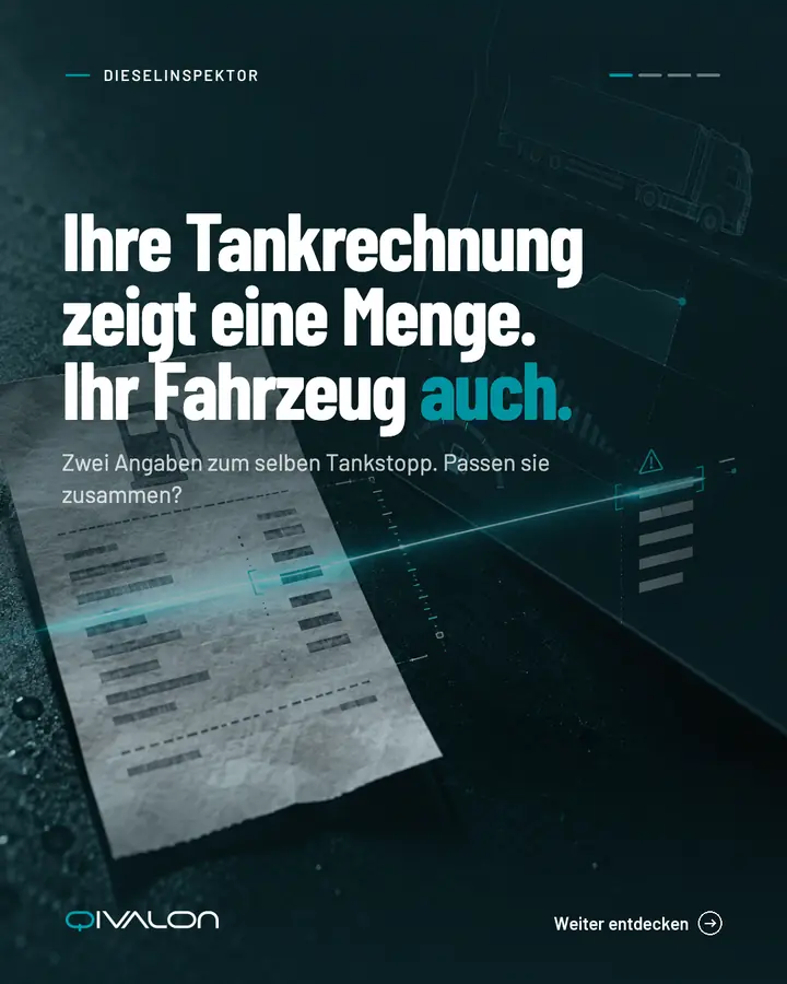 Erste Seite eines Carousels für Qivalon: „Ihre Tankrechnung zeigt eine Menge. Ihr Fahrzeug auch.“ auf dunklem Grund.