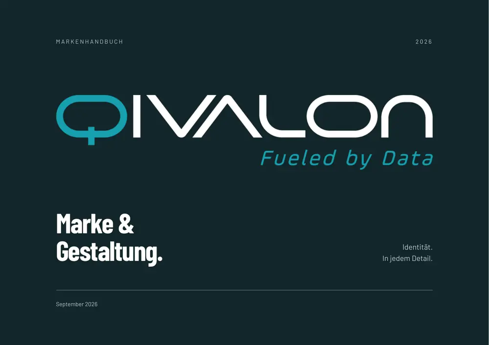 Deckblatt des Qivalon-Styleguides: die Wortmarke Qivalon mit dem Zusatz „Fueled by Data“ auf dunklem Petrol.