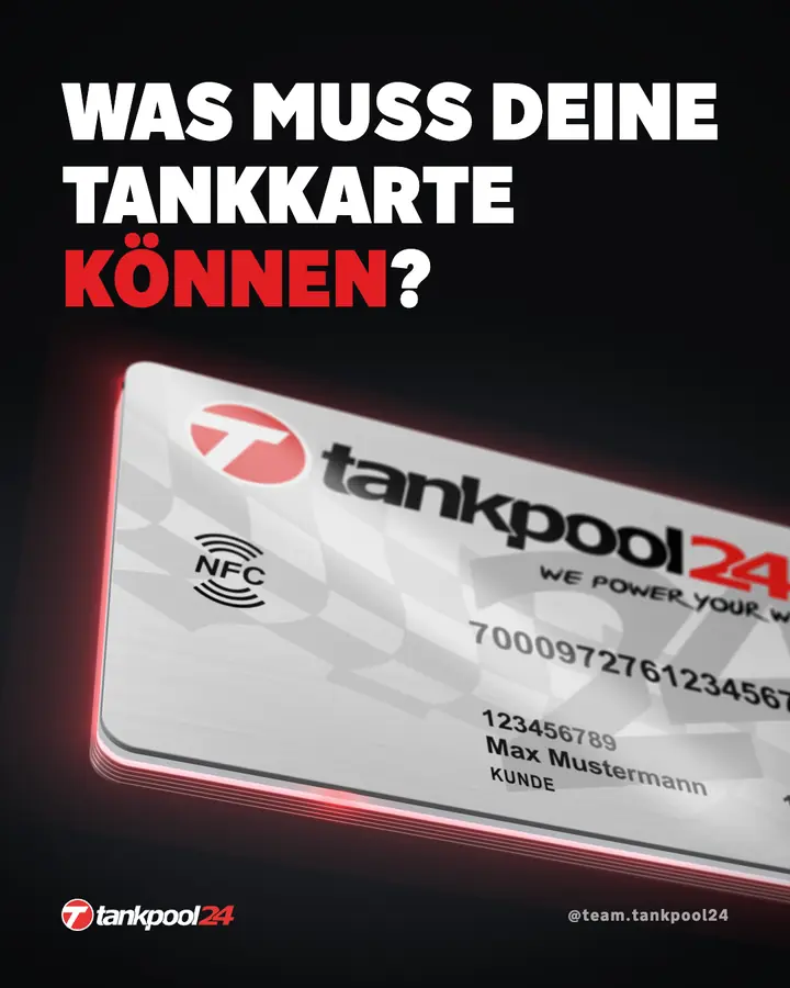 Erste Seite eines Instagram-Carousels: „Was muss deine Tankkarte können?“ über einer tankpool24-Karte.