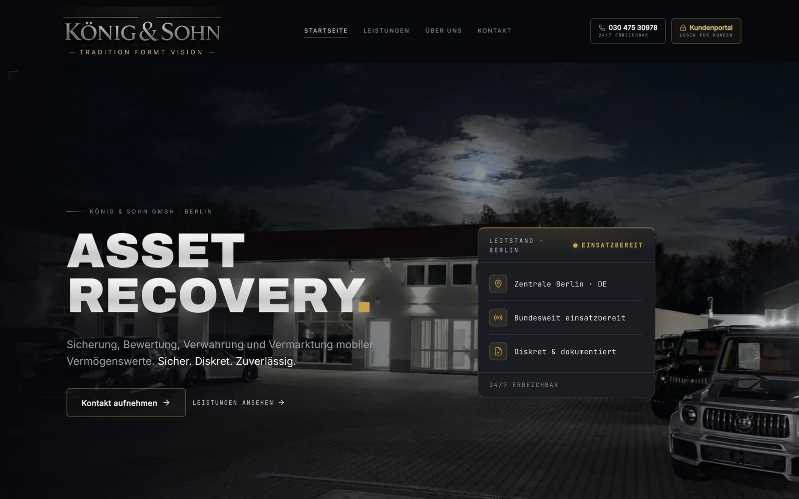 Website von König & Sohn: Überschrift „Asset Recovery“ vor einem nächtlichen Firmengelände.