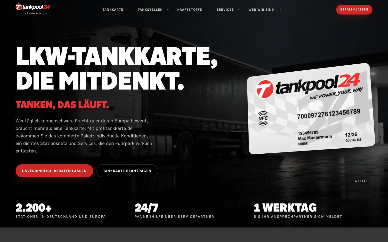 Redesign von profitankkarte.de: dunkle Startseite mit der Überschrift „Lkw-Tankkarte, die mitdenkt.“ und einer tankpool24-Karte