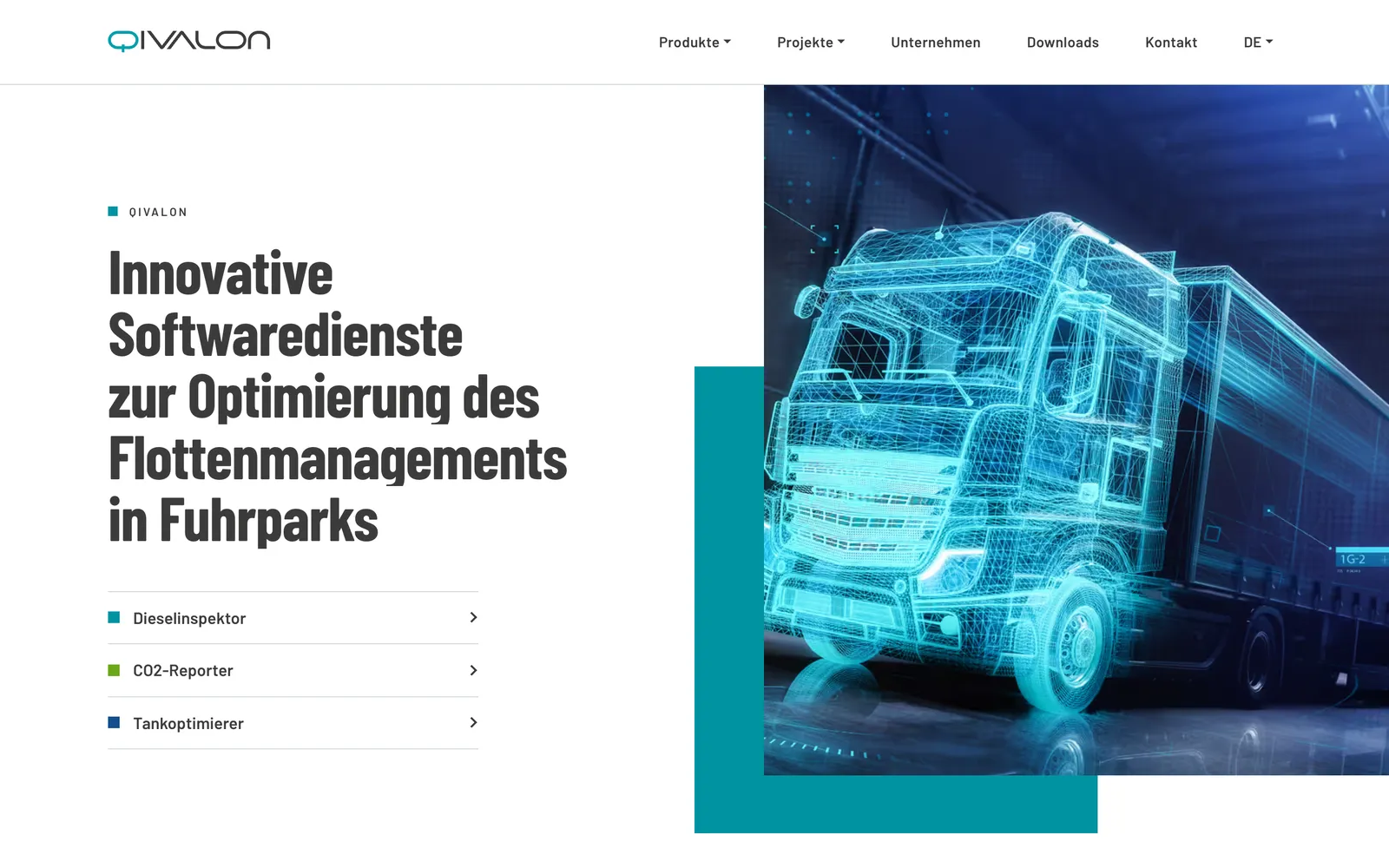 Redesign der Qivalon-Website: Überschrift „Innovative Softwaredienste zur Optimierung des Flottenmanagements in Fuhrparks“ neben einem Lkw als Drahtgittermodell.